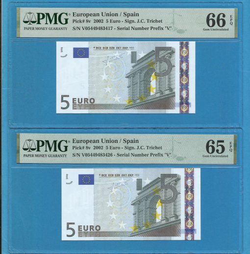 EUROPEAN UNION - SPAIN 5 EUROS TRICHET PAREJA V-M004 PMG 66-65 ( P429 )