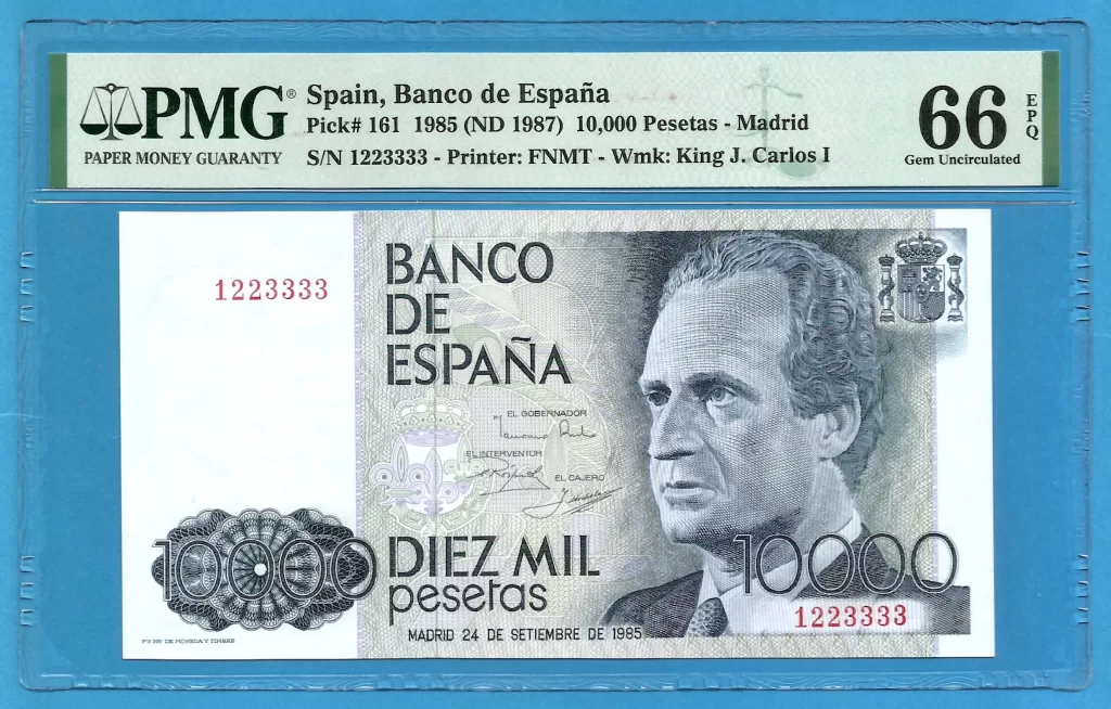 SPAIN – 10000 PESETAS 1985 SIN SERIE numeracion seguida 1223333 PMG 66 ( P503 )