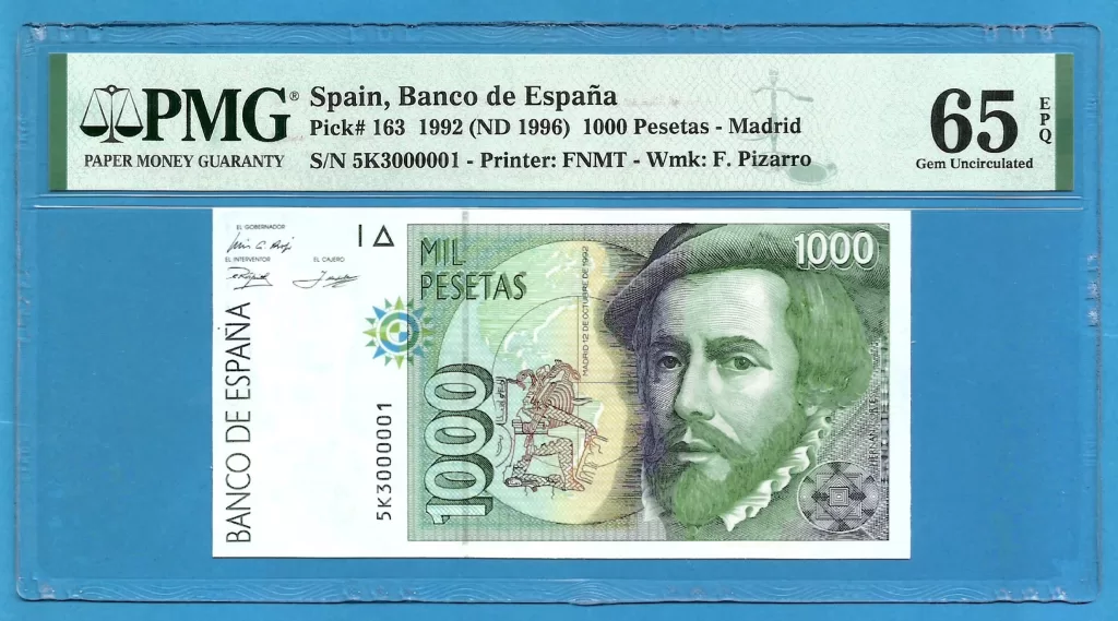 SPAIN – 1000 PESETAS 1992 numeracion bonita 5K3000001  PMG 65 ( P504 )
