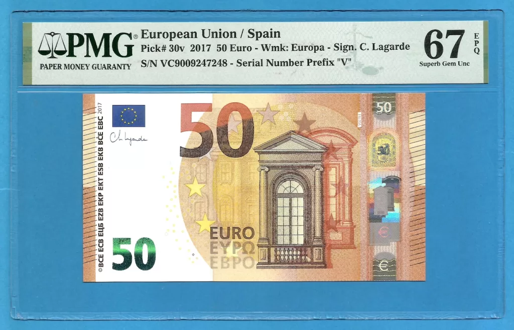 EUROPEAN UNION – SPAIN 50 EUROS LAGARDE VC-V027 PMG 67 ( P509 )