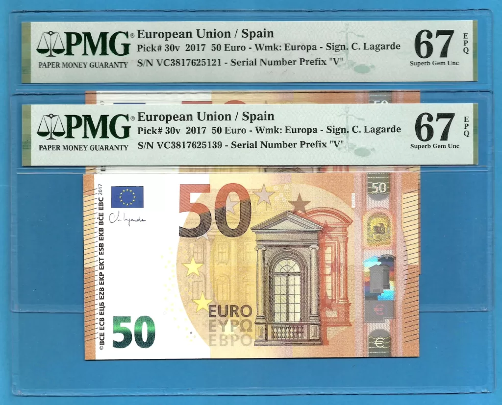 EUROPEAN UNION – SPAIN 50 EUROS LAGARDE  PAREJA VC-V022 PMG 67-67 ( P514 )