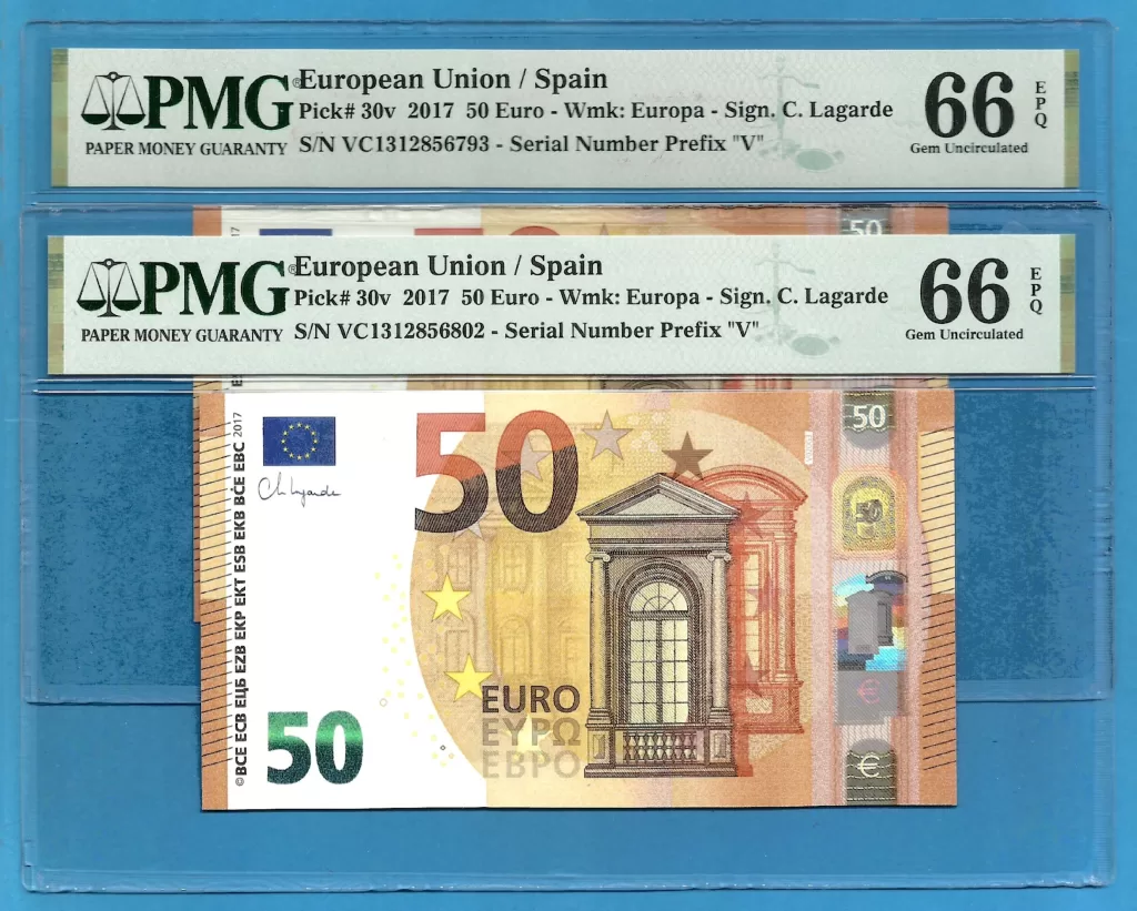 EUROPEAN UNION – SPAIN 50 EUROS LAGARDE  PAREJA VC-V020 PMG 66-66 ( P516 )