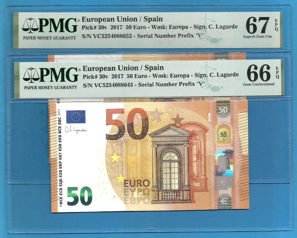 EUROPEAN UNION – SPAIN 50 EUROS LAGARDE  PAREJA VC-V024 PMG 67-66 ( P517 )