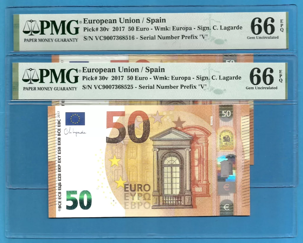 EUROPEAN UNION – SPAIN 50 EUROS LAGARDE  PAREJA VC-V027 PMG 66-66 ( P518 )