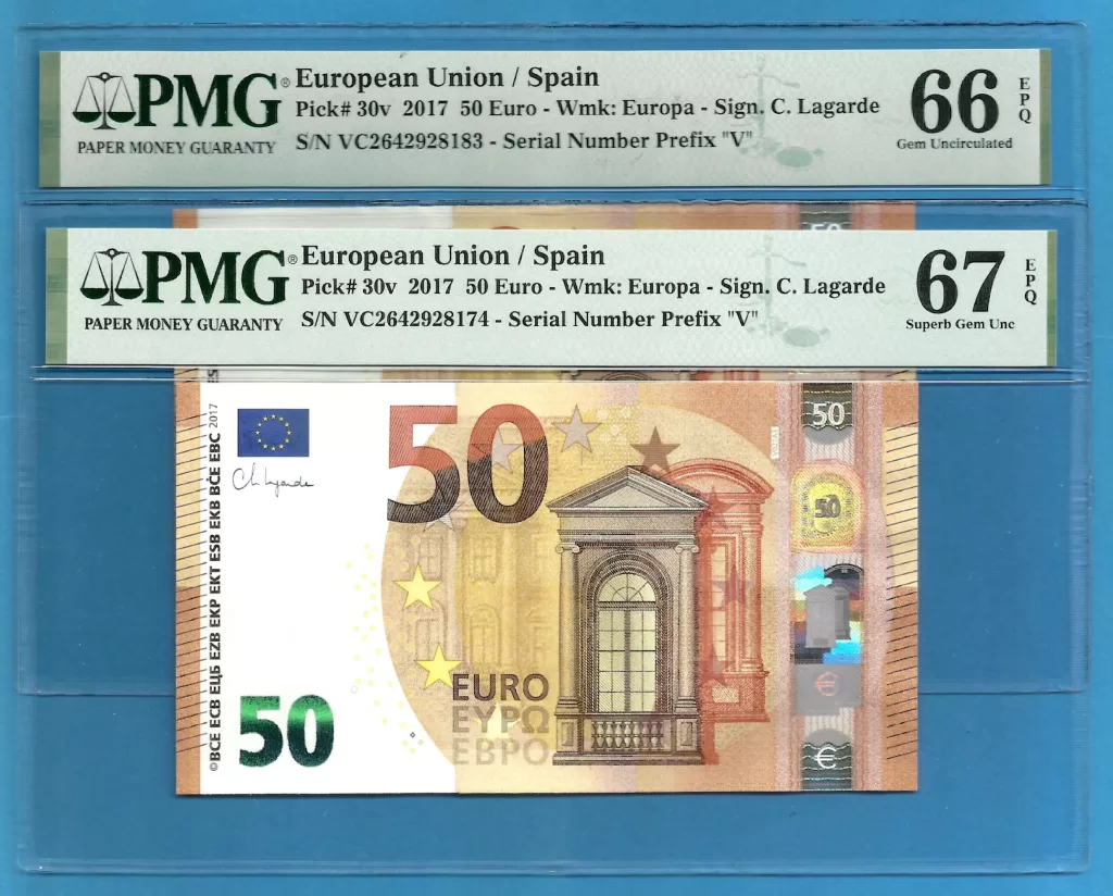 EUROPEAN UNION – SPAIN 50 EUROS LAGARDE  PAREJA VC-V021 PMG 67-66 ( P519 )