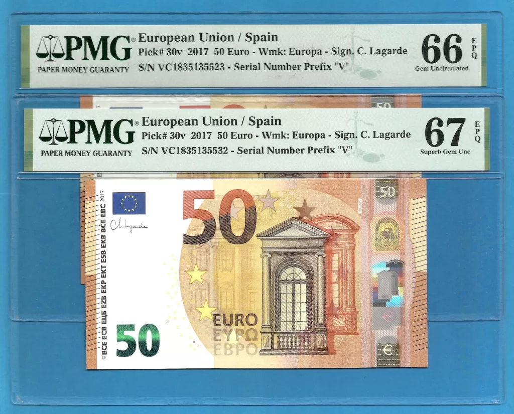 EUROPEAN UNION – SPAIN 50 EUROS LAGARDE  PAREJA VC-V020 PMG 67-66 ( P520 )