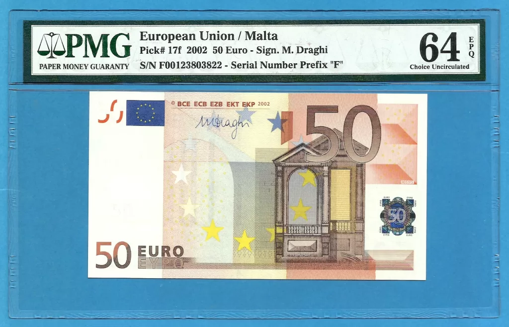 EUROPEAN UNION – MALTA 50 EUROS DRAGHI F00-R051 PMG 64 ( P521 )