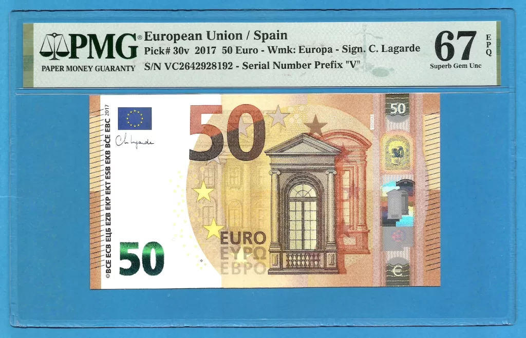 EUROPEAN UNION – SPAIN 50 EUROS LAGARDE VC-V021 PMG 67 ( P523 )